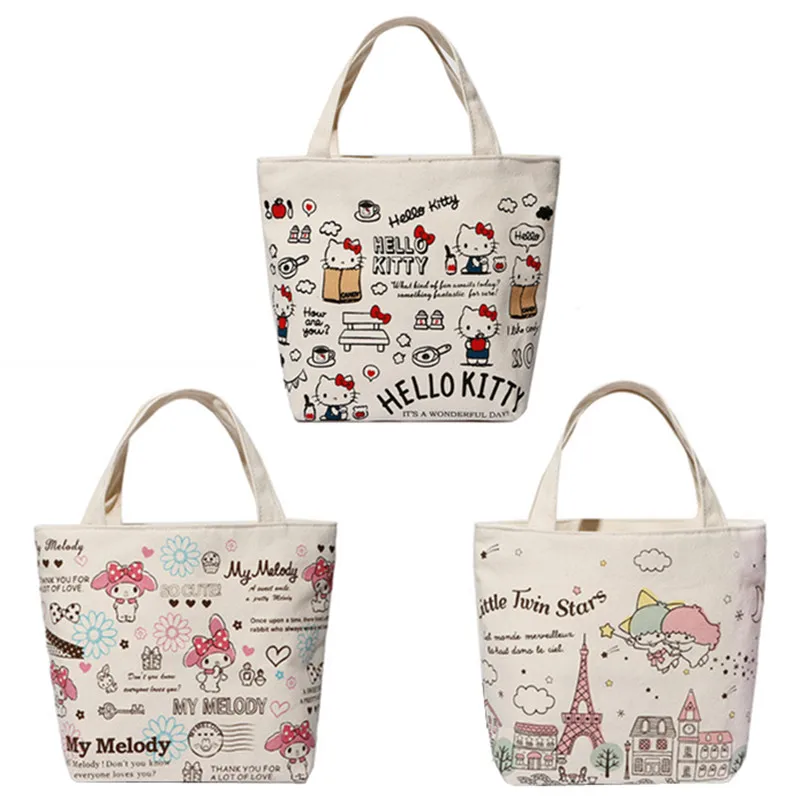 

Cartoon Hello Kitty My Melody Women Tote Bag Canvas Handbag Girls Kids Lunch Bag for School Lunch Box Picnic Food Bag Zipper