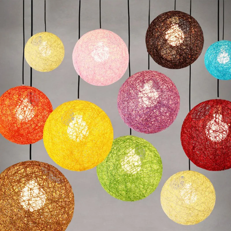 

Creative hemp chandelier Restaurant round light hand made Colored hydrangea lamp Single head rattan Lighting fixture