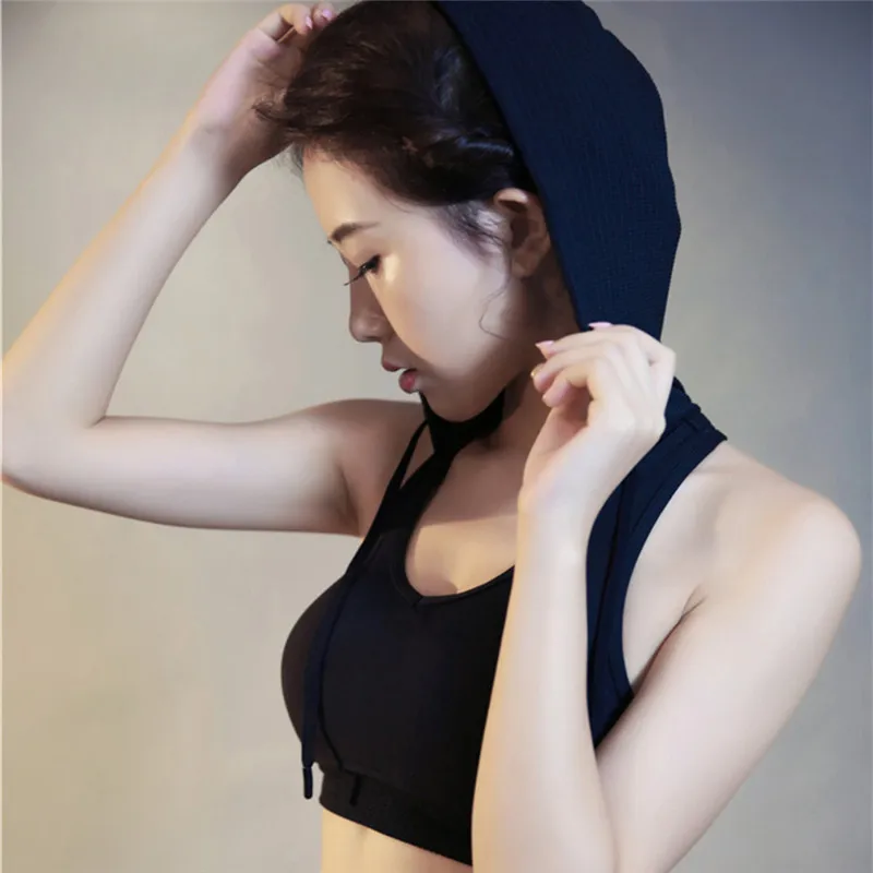 Pink Pulling Rope Shockproof Sports Bra Gym Hoodie Yoga Running Bra Tops Women Fitness Sport Tanks with Hat Sujetador Bralet
