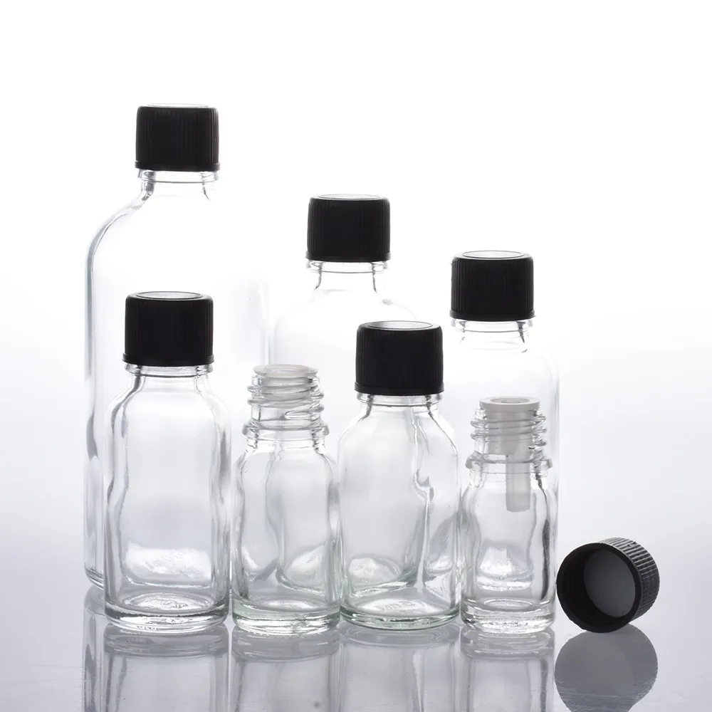 

6pcs/lot 100ml 50m 30ml 20ml 15ml 10ml 5ml 1/3oz 1oz Empty Clear Essential Oil Glass Bottles With Black Cap Glass Containers