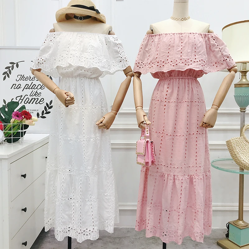 

2019 New Fashion Summer Women's Holiday Beautiful Long Dress Pure Color Off Shoulder Lotus Leaf Jacquard Openwork Dresses C891