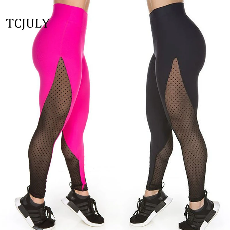 

TCJULY Sexy Mesh Leggings For Fitness Dot Printed Push Up Leggings Net Yarn Patchwork Breathable Pants Elastic Slim Legins Women
