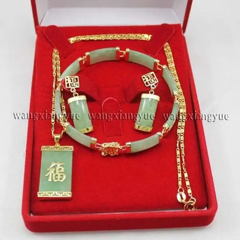 

Fashion Natural Green Jade Inlay Link Bracelet earrings Necklace Pendant Set AAA