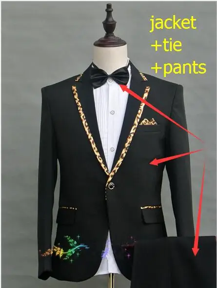 Пиджак+ брюки+ галстук) черный, белый, Леопардовый мужской костюм с воротником, Выпускные Формальные сценические костюмы для мужчин, певица, хор, одежда для выступлений - Цвет: black B