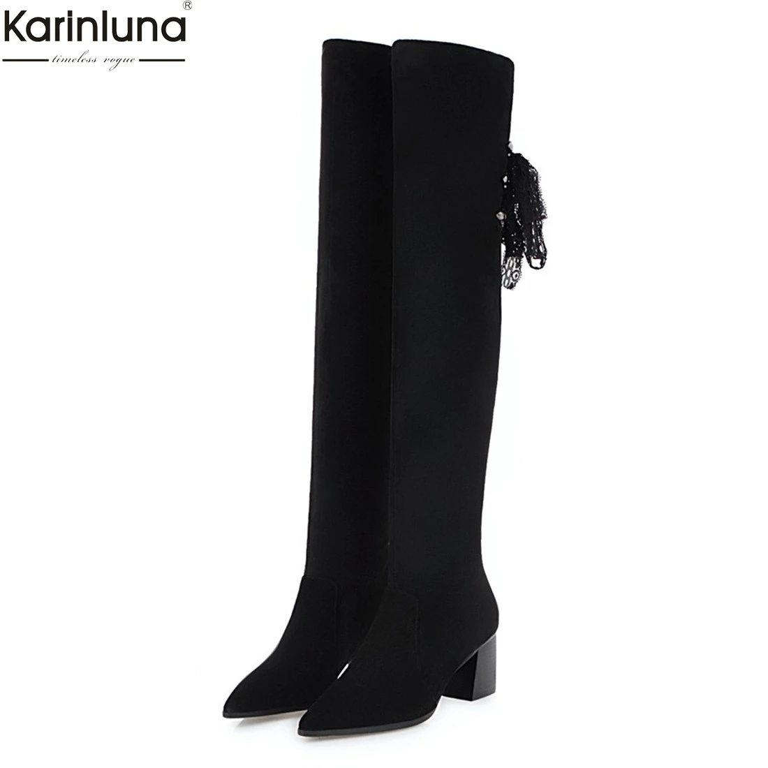 

Karinluna 2018 Large Size 33-43 Pointed Toe Chunky Heels Over The Knee Boots Woman Shoes Women Wholesale Slip On Boots Female