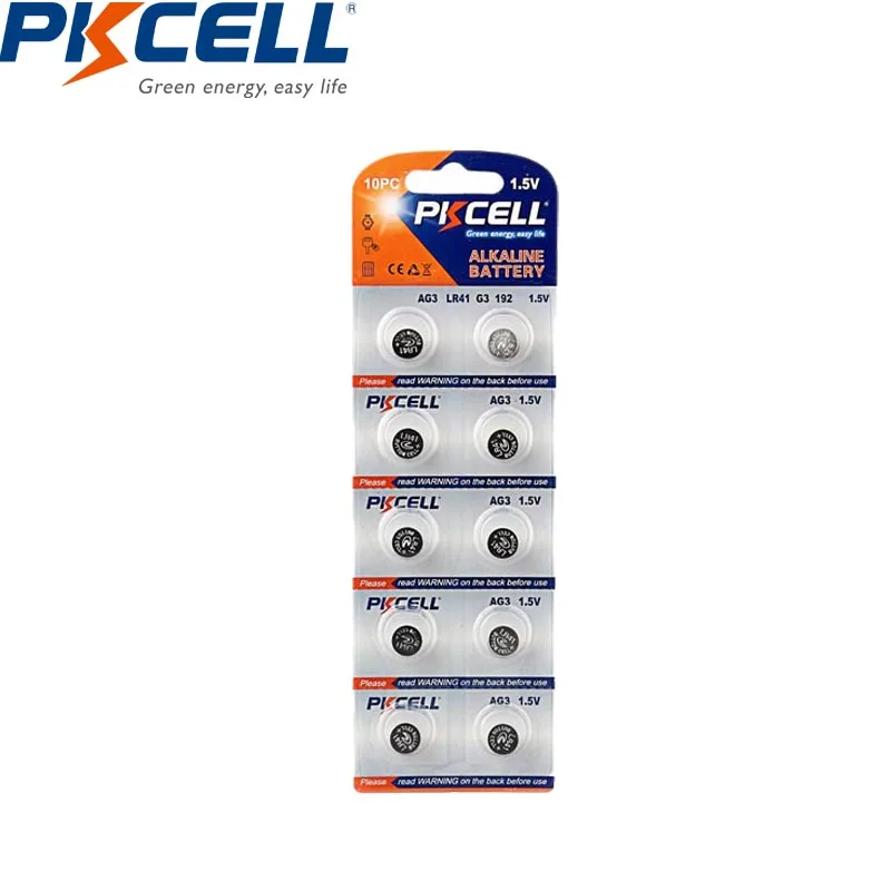 10 шт. PKCELL Akaline AG3 LR41 аккумулятор 1 5 в 35 мАч SR41 G3 RW87 LR1120 кнопочный Аккумулятор для