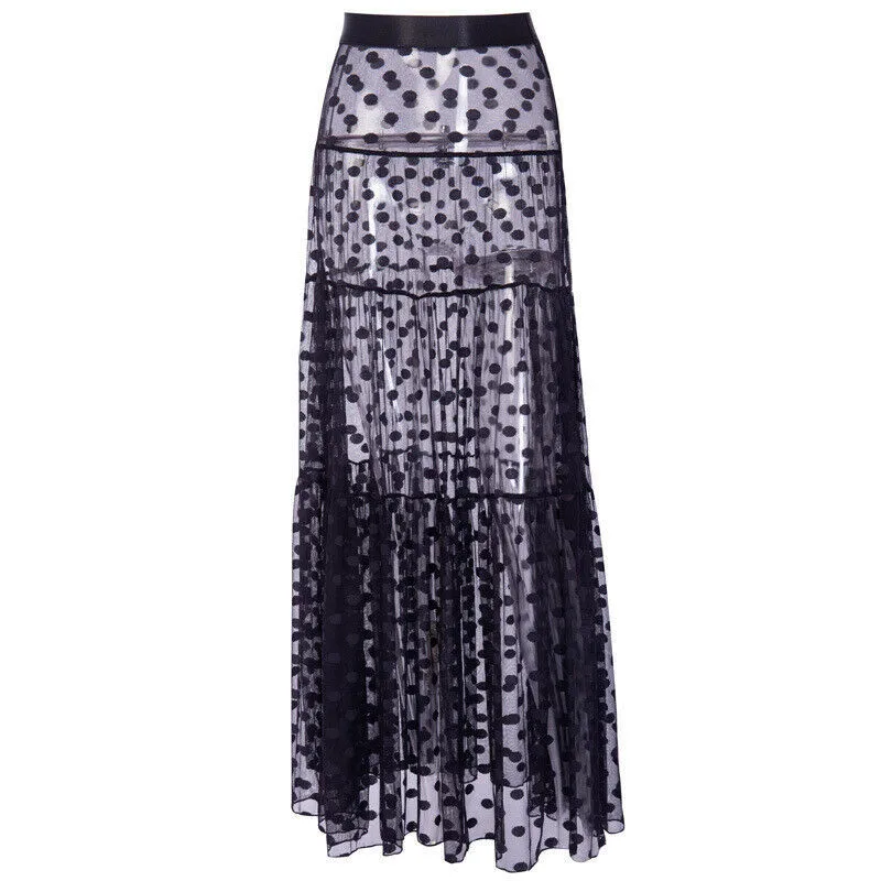Summer Swimwear Women Maxi Skirt See Through Polka Dot Pleated Retro Swimsuit Bikini Cover Up Elastic Waist Bathing Skirts swimsuit cover up swimsuit coverup