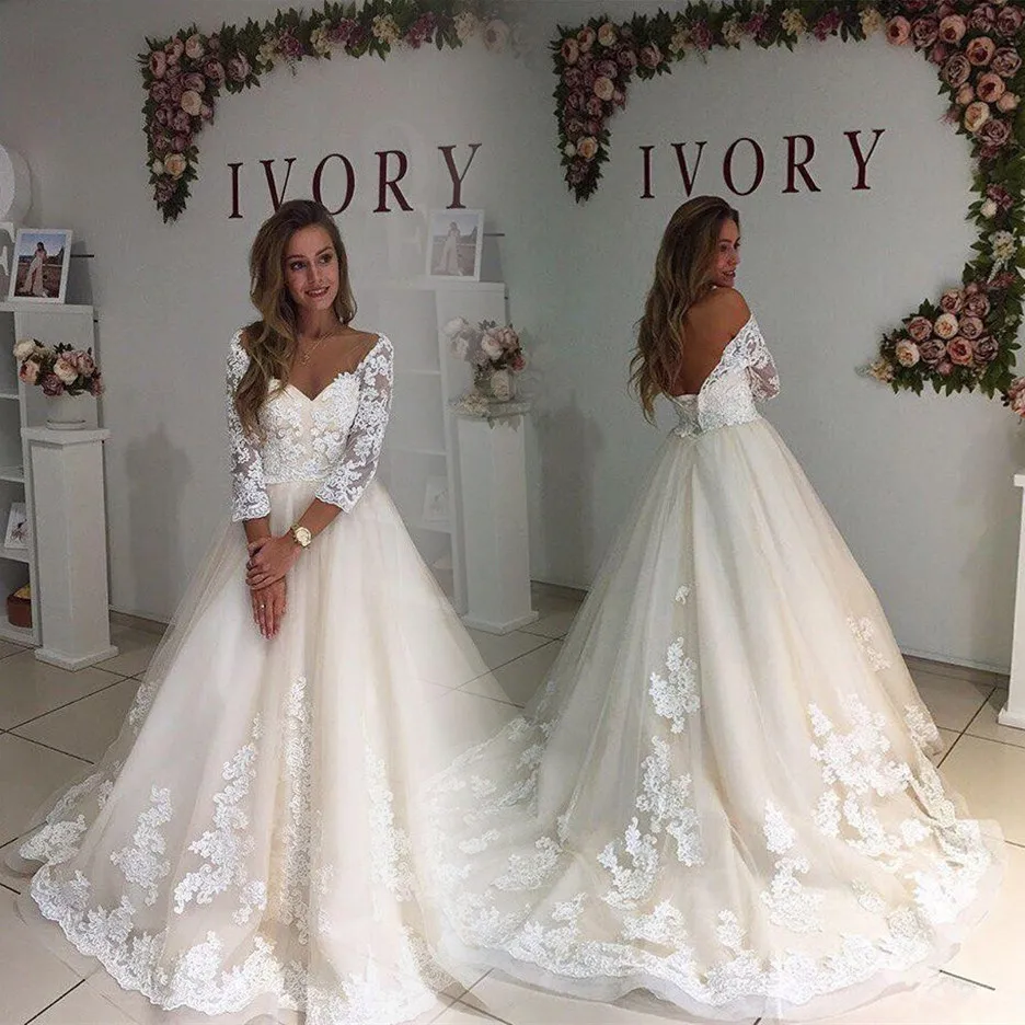 Новая мода бежевый свадебный наряд Robe De Mariee открытая спина Аппликация Кружевное Свадебное платье с рукавами платье ручной работы