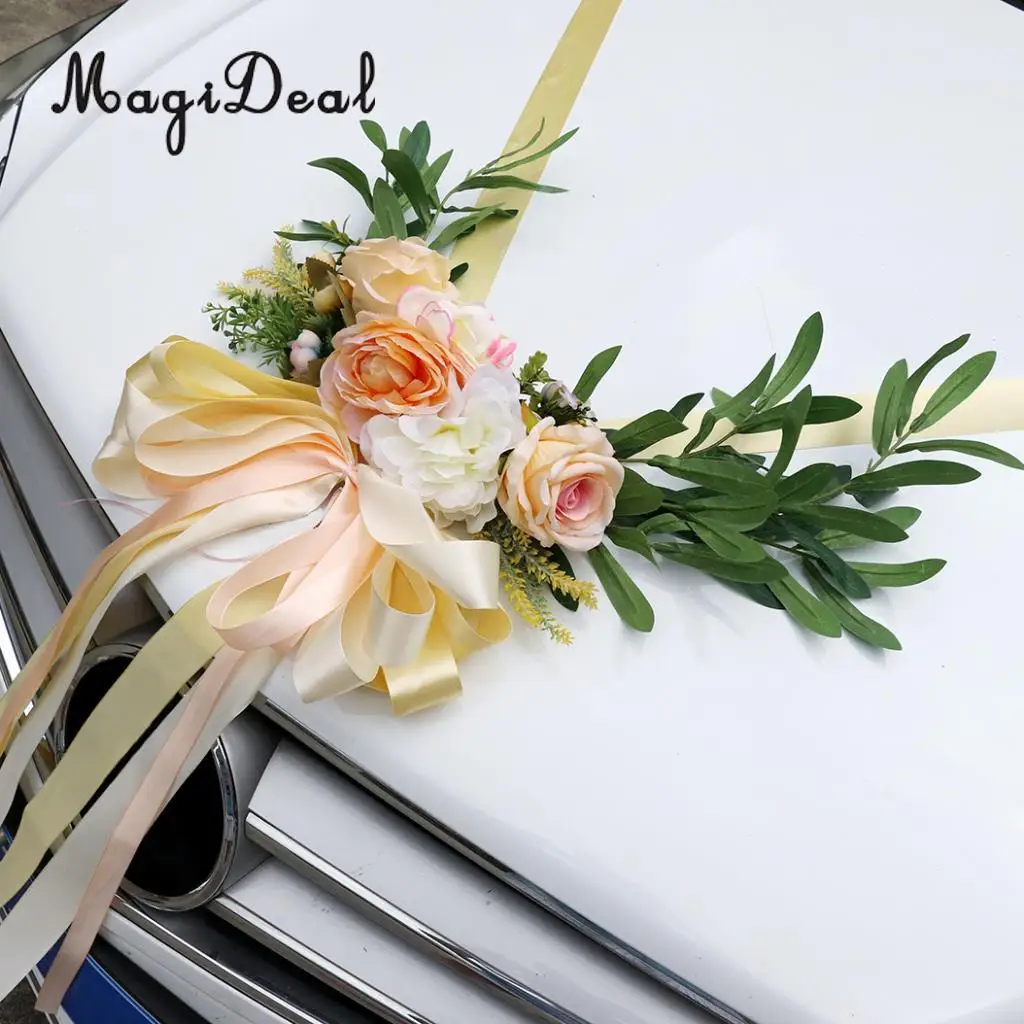 9pcs Wedding Car Decorations Kit  Artificial Silk Flower Ribbon and Bows Ties Set Limousine Car Roof Door Mirror Decor