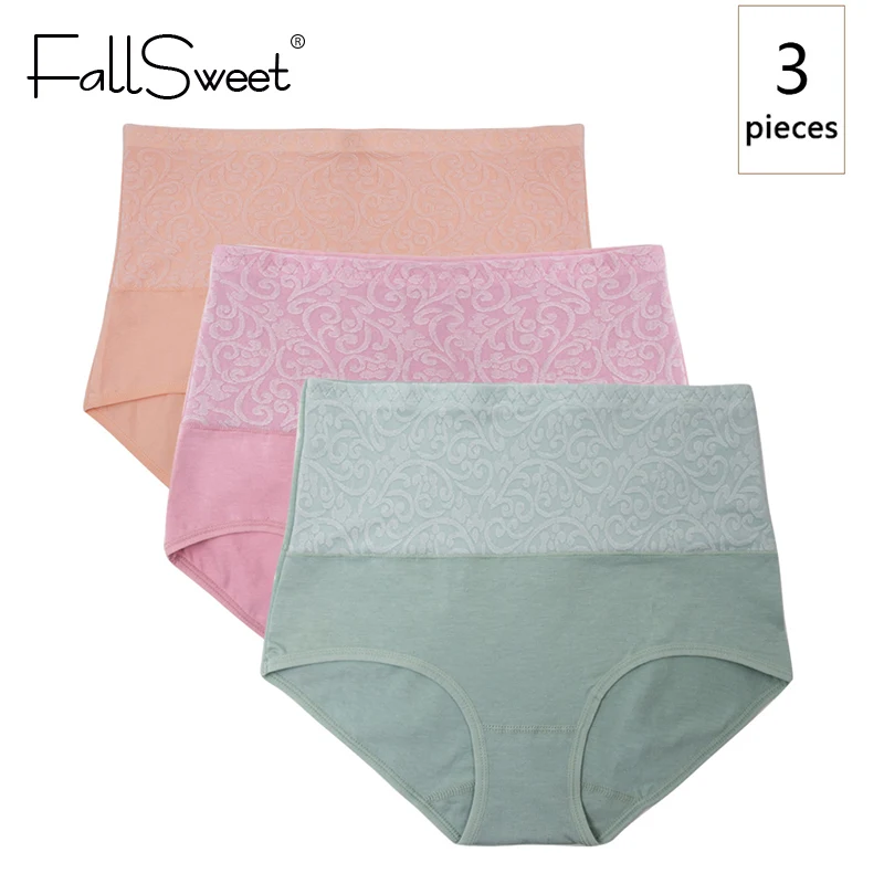 

FallSweet 3 pcs/Pack !Tummy Control Women Panties Plus Size Cotton Underwear High Waist Slimming Solid Briefs