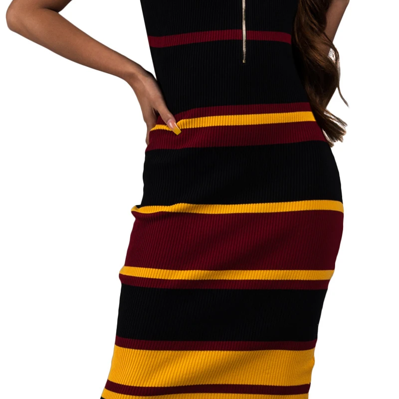 AKIRA Women's Zip Neck Stripe Thick Knit Ribbed 90s Retro Spaghetti Strap Sweater Midi Dress