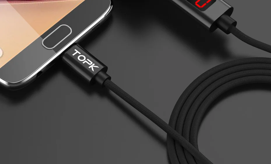 Micro USB кабель TOPK AC27 1 м с дисплеем напряжения и тока, нейлоновая оплетка, Прочный usb кабель для зарядки и синхронизации данных