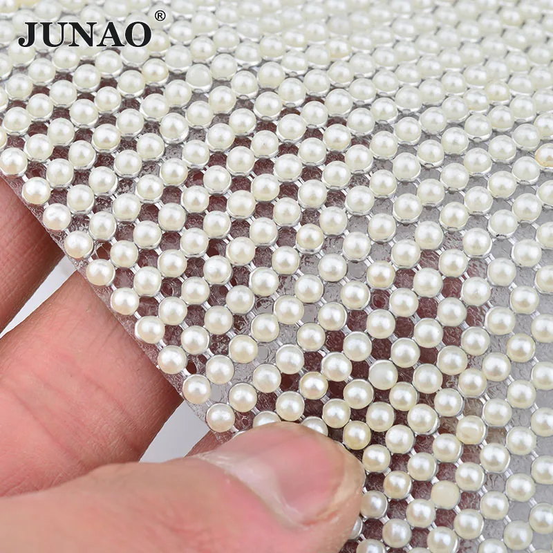 

JUNAO 45x120cm White Pearl Mesh Hot Fix Rhinestones Trim Fabric Pearls Crystal Sheet Bridal Beads for Wedding Party Dress Crafts