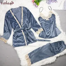 Fdfklak, новинка, осенне-зимняя Пижама для женщин, с длинным рукавом, комплект из 3 предметов, золотые бархатные пижамы, женская одежда для сна, пижамные комплекты