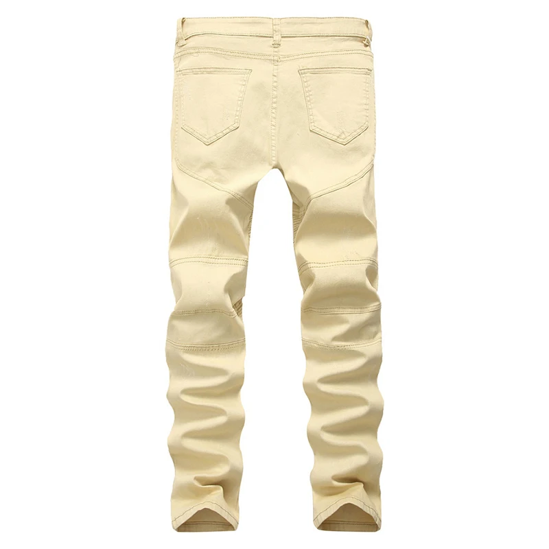2019 New Fashion Khaki Biker Jeans Pleated Design Mens Skinny Slim Stretch Denim Pants Men Hip Hop Street Destroyed Ripped Jeans