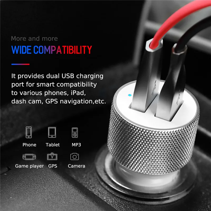 روك دوا usb سيارة-شاحن 2.4A الانتاج سريع شاحن الهاتف المحمول محول السفر ولاعة السيجار DC 12-24 فولت المعادن شاحن سيارة