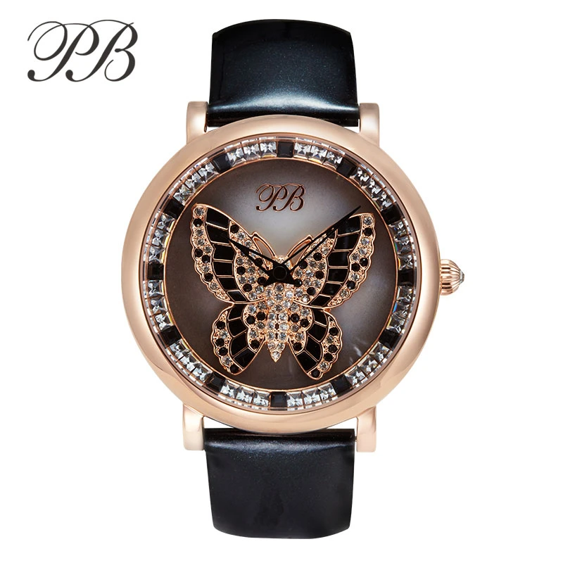 PB Watch Women Роскошные Брендовые ремешок для часы женские наручные вращающийся Кристалл Бабочка циферблат водонепроницаемый кожаный ремешок Кварцевые