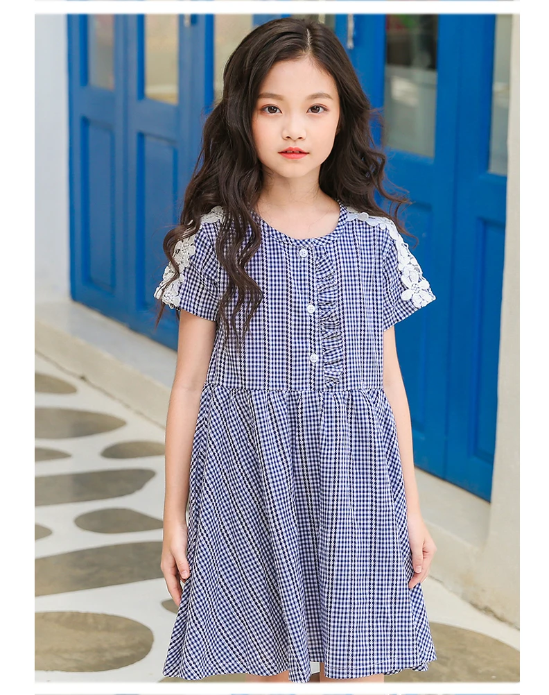 teenage girls dresses with lace crochet floral red blue plaid preppy style little girls dress 2018 summer children dress baby (5)