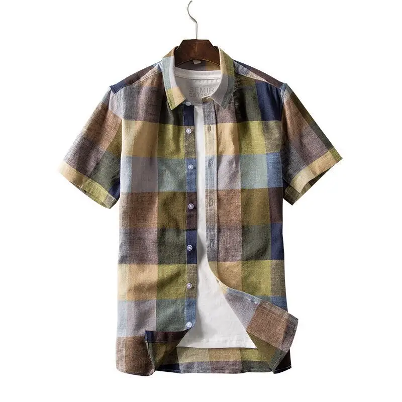 

2019 Summer Linen shirts New Men's Plaid Linen Short Sleeve Shirt Fashion Casual Slim Fit Linen Flax Shirts Male Brand Clothes