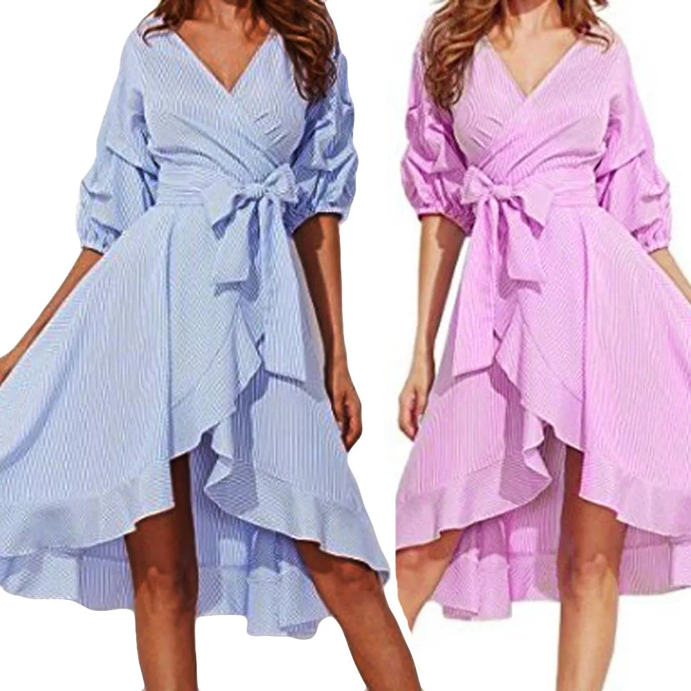 

New vestidos de fiesta Women Fashion Striped V-Neck Puff Sleeve party vintage dress women Asymmetric Bandage Dress Hot sale