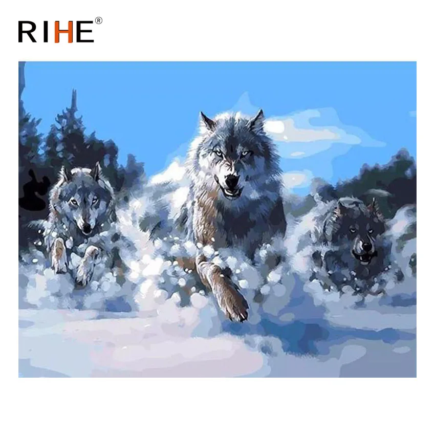 

RIHE Wolf Running Diy Painting By Numbers Animal Oil Painting On Canvas Snowfield Hand Painted Cuadros Decoracion Acrylic Paint