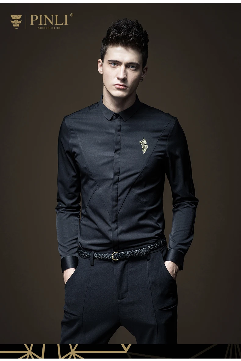 Camiseta Masculina рубашка Pinli продукт с длинным рукавом Вышитые воротник развивать нравственность для мужчин's бизнес повседневное B173413210