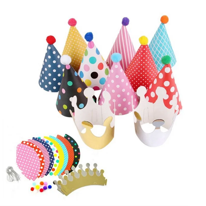 

2018 11Pcs Kids Party Celebration Hat Cute Crown Headgear Birthday Hats Dot with Hairball Cap Decorations Accessories