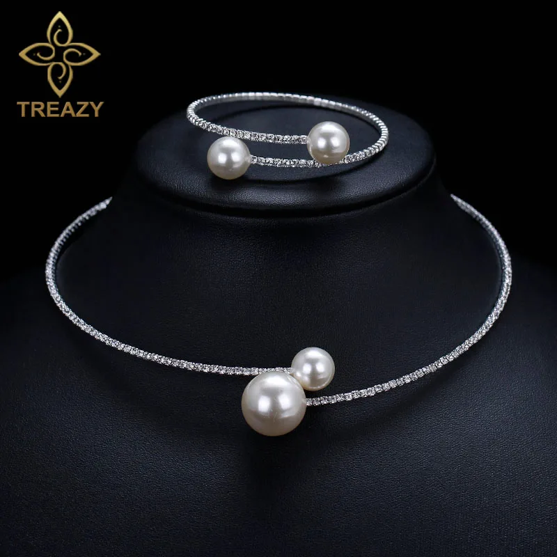 

TREAZY Fashion Simulated Pearl Balls Bridal Jewelry Sets Elegant Crystal Choker Necklace Bracelet Wedding Jewelry Sets for Women