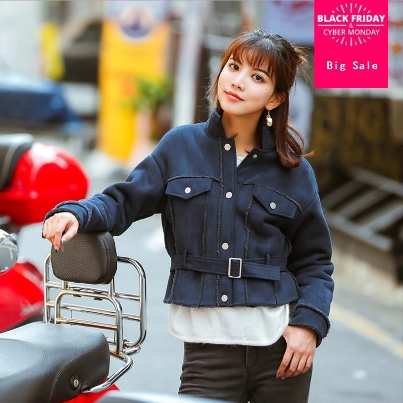 2020 spring Lambskin Collar Jacket Profile Was Thin Ladies sigle breasted lambswool fabric jacket with belt wj2126 | Женская одежда