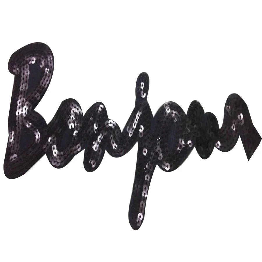 

Iron on patches for clothing T shirt Women 24cm Bonjour Black Sequined Sequins T-shirt Womens Fashion Tops Shirt Patch Clothes