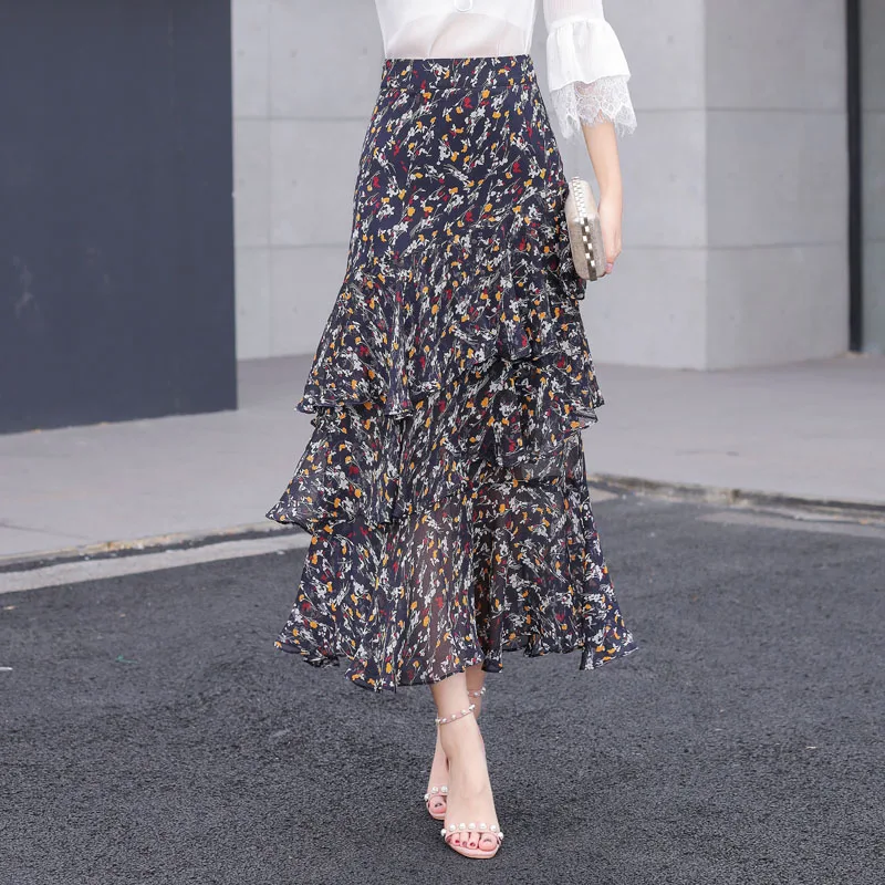 

Brand Quality Fashion Women Flower Print Floral Skirt A Line Cake Level Patchwork With Lining A Line Skirts For Lady Street wear