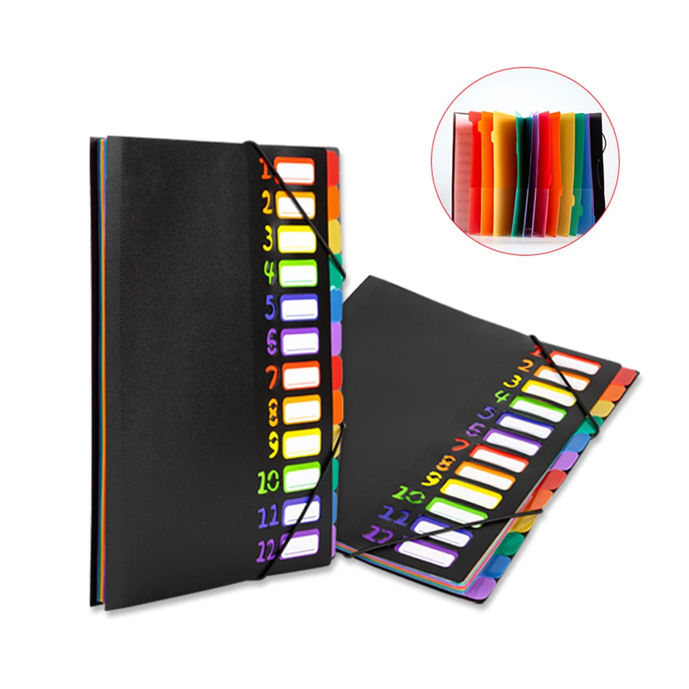 A4& 12 Pages File Folders Rainbow Document Holder Organizer with PP Material Slash Pockets Classified Storage Folders