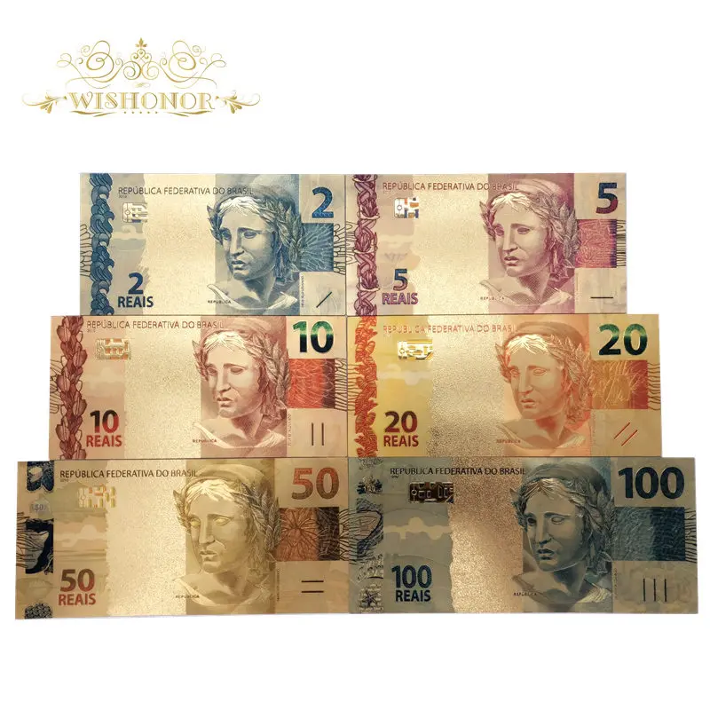 

Nice Products 6pcs/set Color Brazil Banknotes 2 5 10 20 50 100 Reals Gold Banknote in Gold Plated Replica For Collection