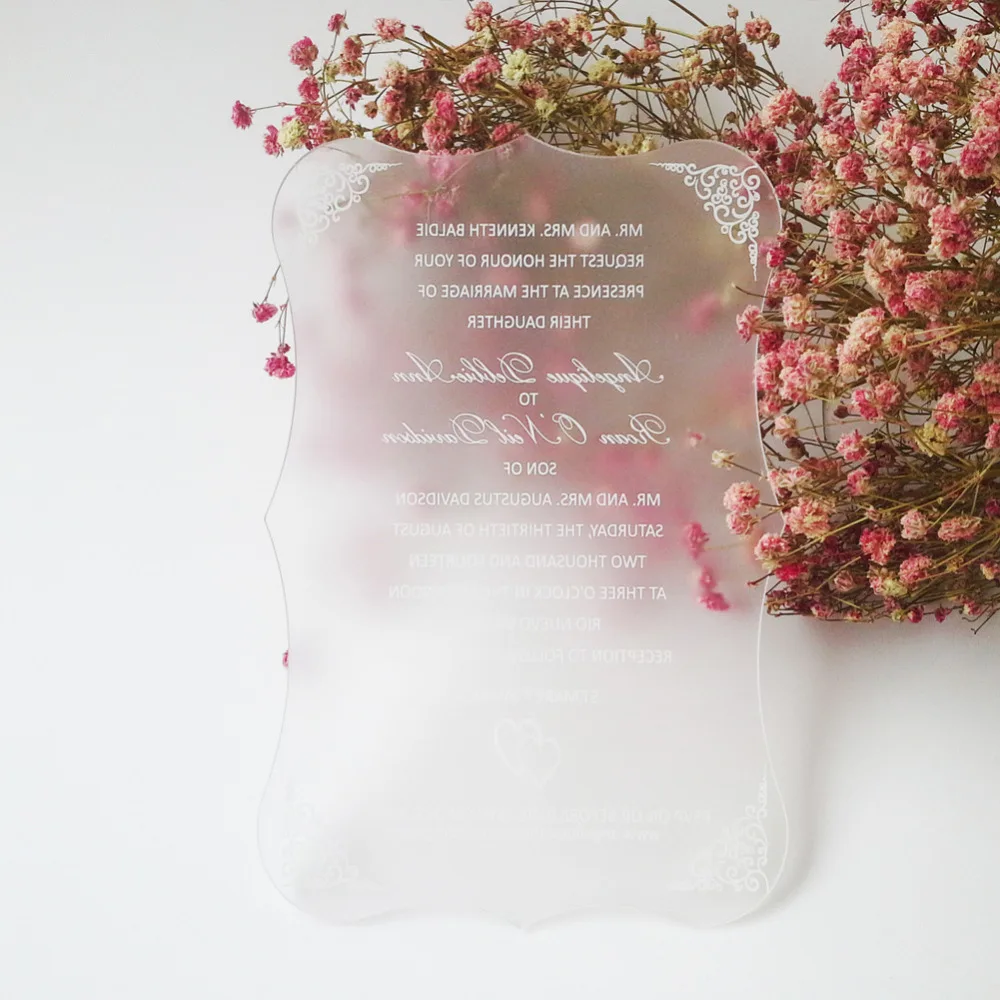  Customized 100pcs per lot 5*7inch Frosted scroll shape acrylic wedding invitation card - 32439834434