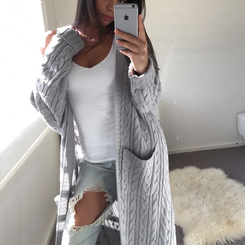 

2019 Europe America Spring and Autumn New Solid Color Front Sticker Bag Plus Long Hemp Knitted Cardigan Fashion Sweater Women