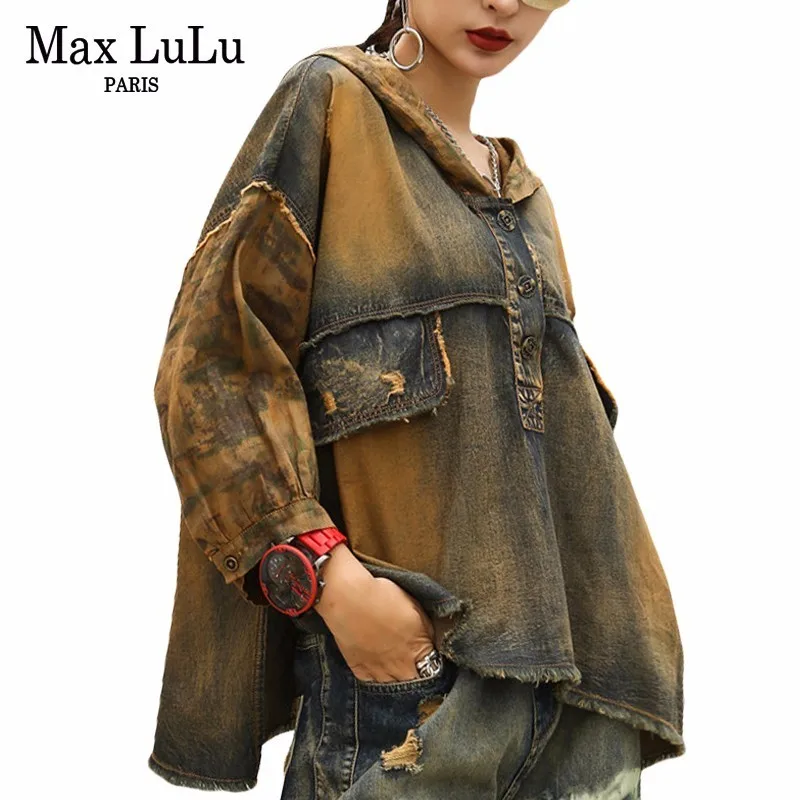 Cena Max LuLu Luksusowe Z Kapturem Dziewczyny Haft Streetwear Kobiety Kamuflaż Denim Koszule Rocznika Blusas Kobieta Topy I Bluzki Plus Size