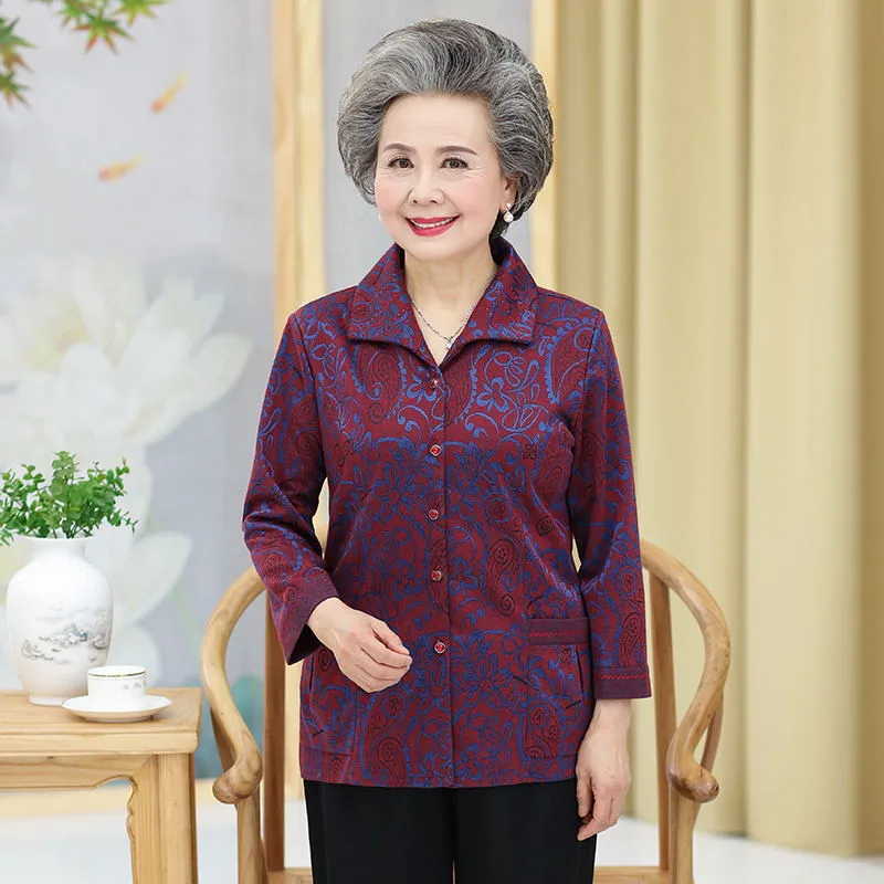 Blusa de de manga larga para otoño para mujer de 60-70 años de edad, abrigo con bolsillos de primavera para abuela de Camisa estampada, 4XL - AliExpress