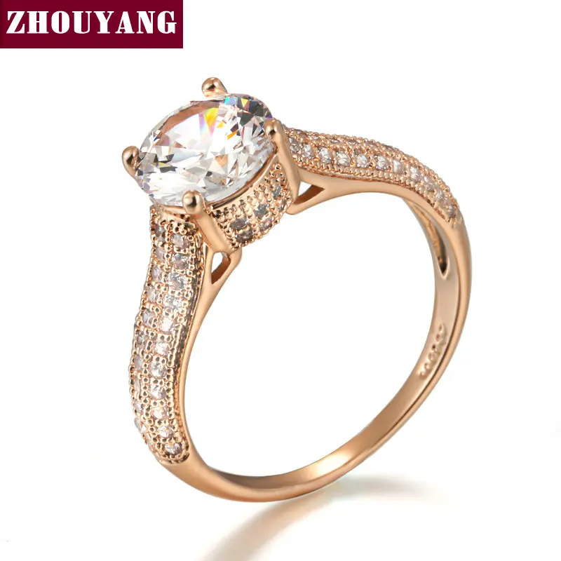 ZHOUYANG, кольцо для женщин, высокое качество, классическое, розовое золото, серебро, цвет, кубический цирконий, свадебное, австрийские кристаллы, мода R222 R207 - Цвет основного камня: RoseGold