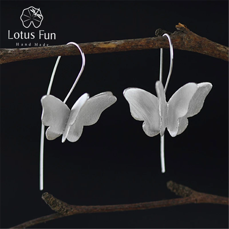 

Lotus Fun Real 925 Sterling Silver Natural Original Handmade Fine Jewelry Gorgeous 3D Butterfly Drop Earrings for Women Brincos