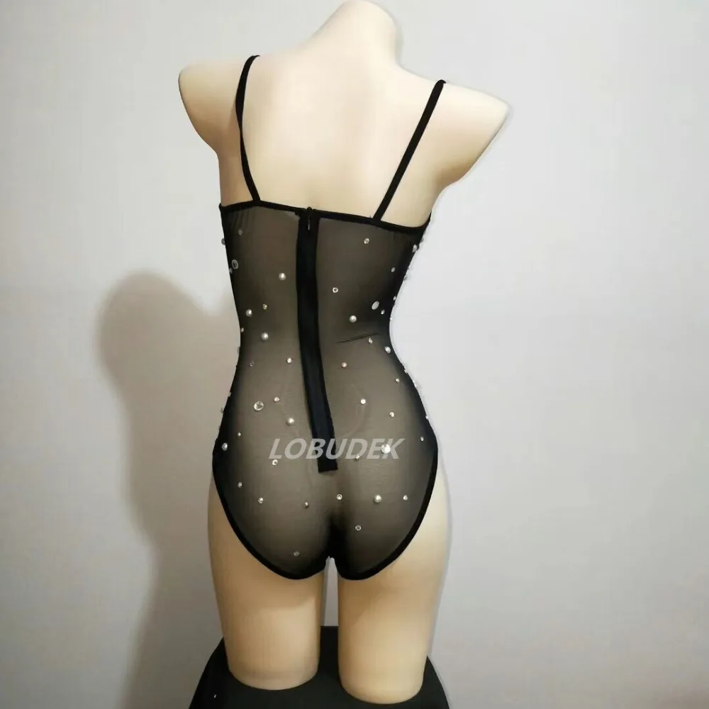 Cosplay&ware Sparkly Rhinestones Sexy Perspective Bodysuit Black Skin Color Mesh Backless Jumpsuits Bar Dj Singer Costume Zentai Dance Wear -Zentai shop online