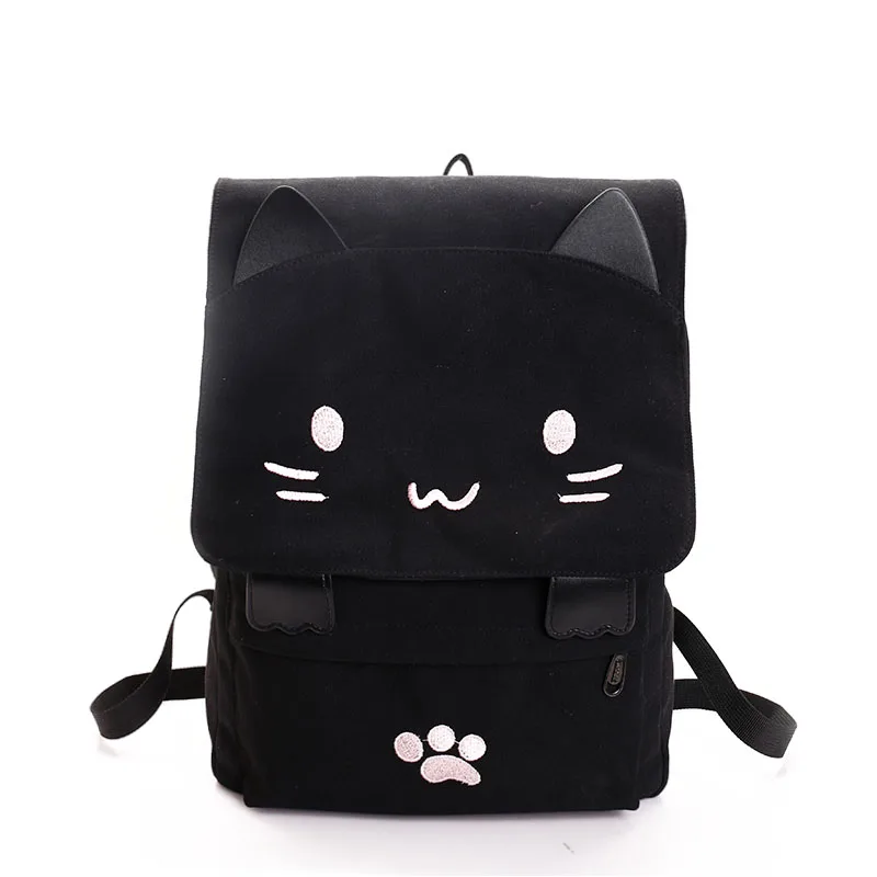 Cute Cat Canvas Backpack Cartoon Embroidery Backpacks For Teenage Girls