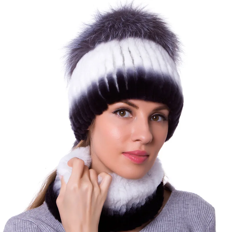 as picture Luxury Russian Women Real Rex Rabbit Fur Skullies Beanies Hats Fox Fur Winter Lady Caps Fashion Headgear LF5099 - Цвет: as picture