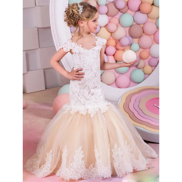 White Lace Beaded Flower Girl Dresses for Weddings 2017 Ball Gown Floor