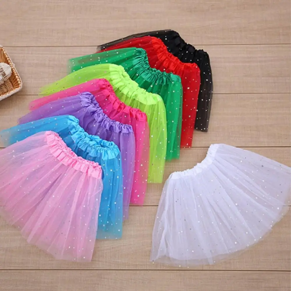 

Summer Three-layer Chiffon Tulle Tutu Skirt Solid Star Sequins Princess Girl Clothes Toddler Kid Birthday Gift Clothing 2-8T