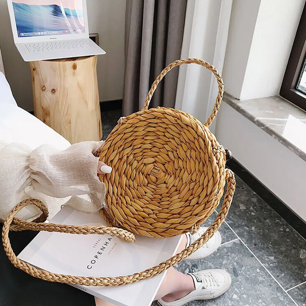 

Women Straw Rattan Summer Advanced Sense Hand Woven Small Round Bag Rope Knitted Messenger Crossbody Shoulder Bag Bohemain