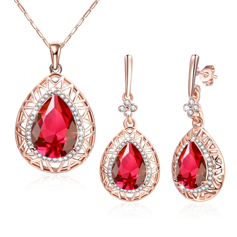 Vintage Red Crystal Jewelry Set Fashion Women Jewelry Set Antique Rose