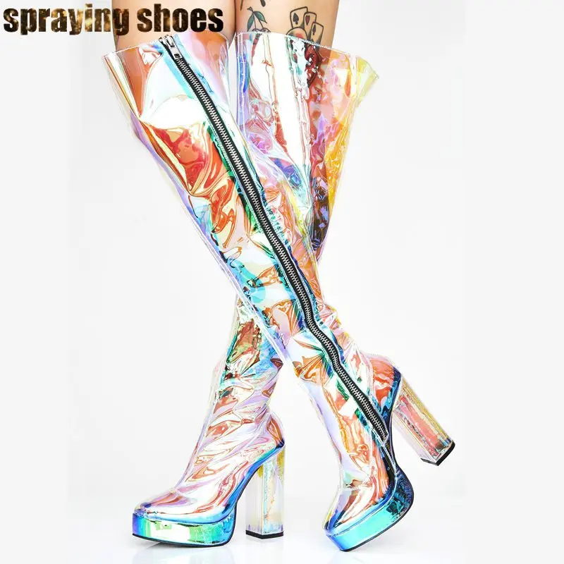 

Transparent PVC Women Thigh High Boots Pointy Toe Crystal Chunky High Heels Pumps Lady Rainbow Summer Platform Shoes Rain Boots