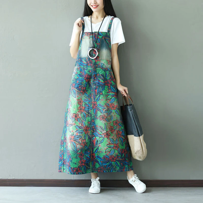

Johnature Casual New Summer Dress Print Sleeveless Pockets Ankle-length Spaghetti Strap Dress Loose Flower Green Women Dress