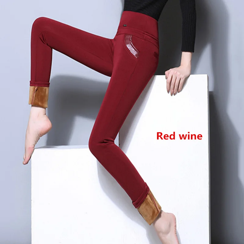 S-6XL/5XL/4XL женские леггинсы с высокой талией, зимняя одежда, бархатные брюки с теплыми женскими штанами - Цвет: Красный