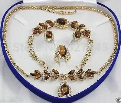 

HOT SELL - Wholesale Beautiful Tiger Eye Stone necklace bracelet earring ring set (A0425) -Top quality free shipping